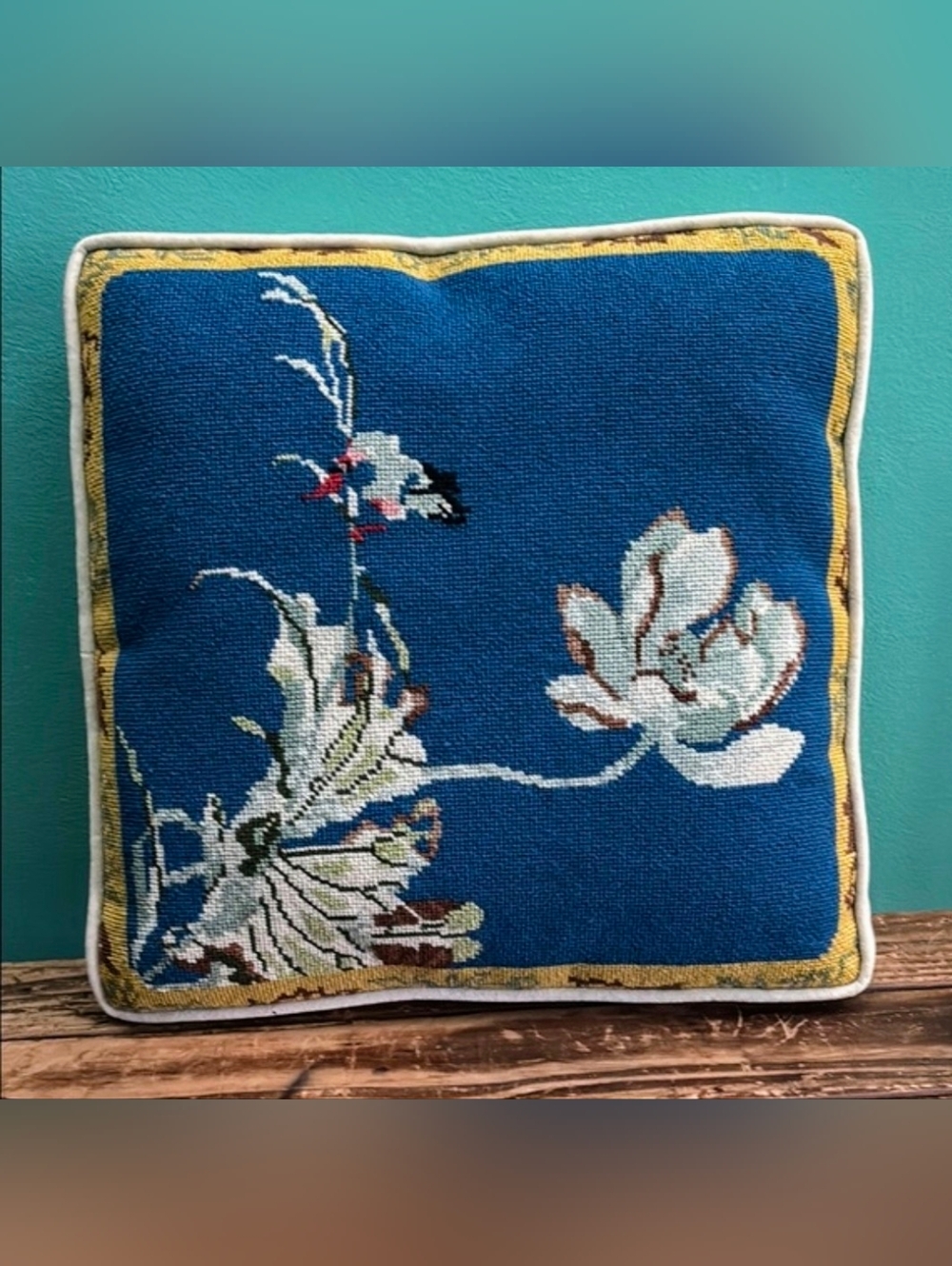 Vintage Floral Blue & White Needlepoint Pillow - Picture 5 of 5